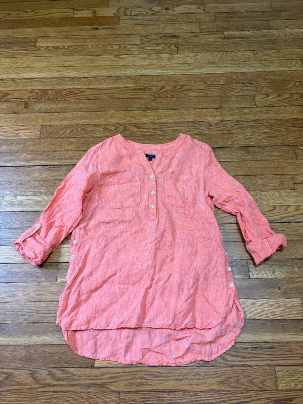 Talbots Womens 100% Linen Tunic Top Size Medium Coral Pink 3/4 Sleeve Blouse